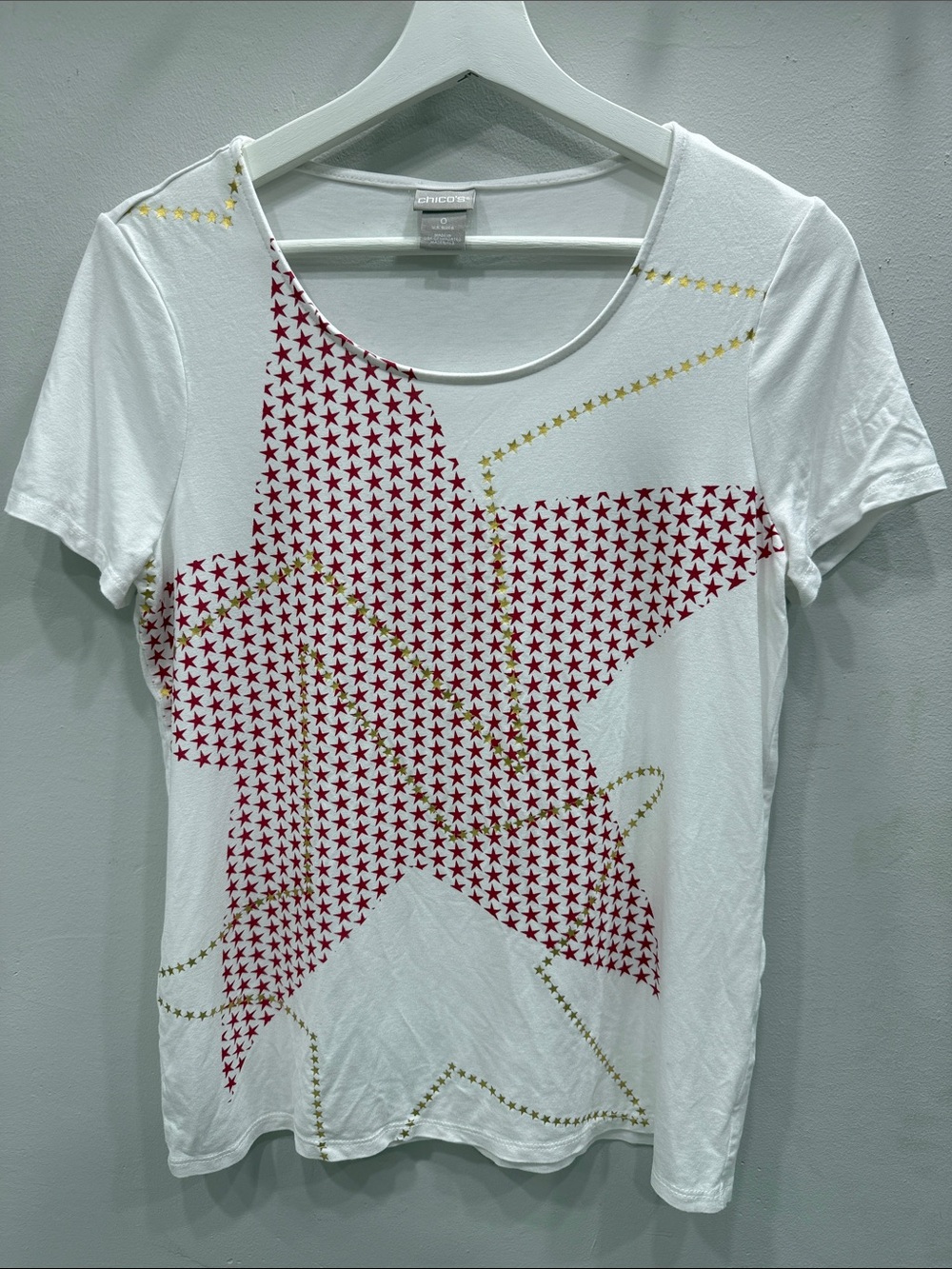 Chico's White Tee with Red Star Pattern and Gold Dot Accents